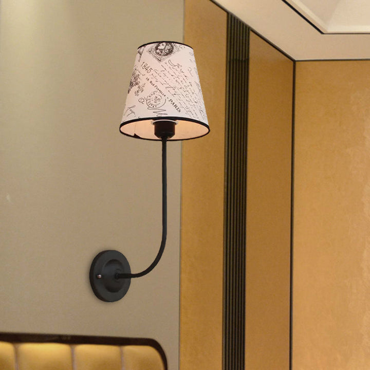 Lisslune | Vintage Conical Wall Lamp 1 Head Fabric and Metal Wall Mount Fixture with Curved Arm in White