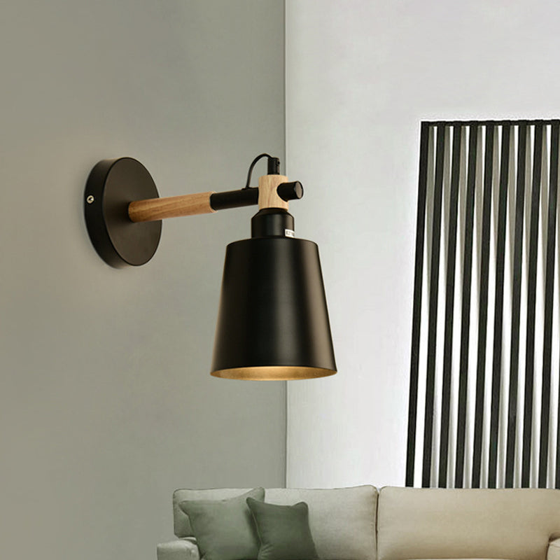 Lisslune | 1 Light cylindrical wall lamp fixture in modernist style Black metal wall lamp with wood connection for the bedroom