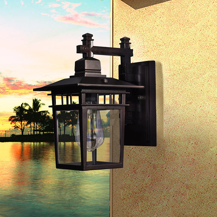 Lisslune | Lantern Clear Glass Wall Hanging Lamp Industrial Single Bulb Veranda Wall Light in Black