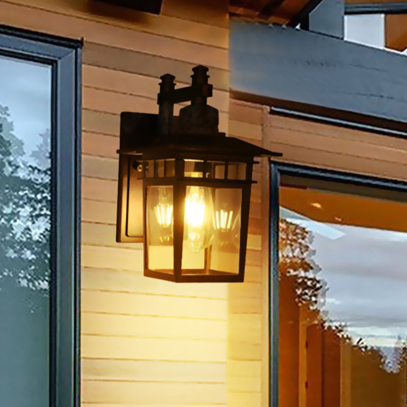 Lisslune | Lantern Clear Glass Wall Hanging Lamp Industrial Single Bulb Veranda Wall Light in Black