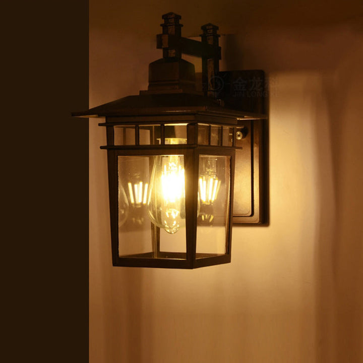 Lisslune | Lantern Clear Glass Wall Hanging Lamp Industrial Single Bulb Veranda Wall Light in Black