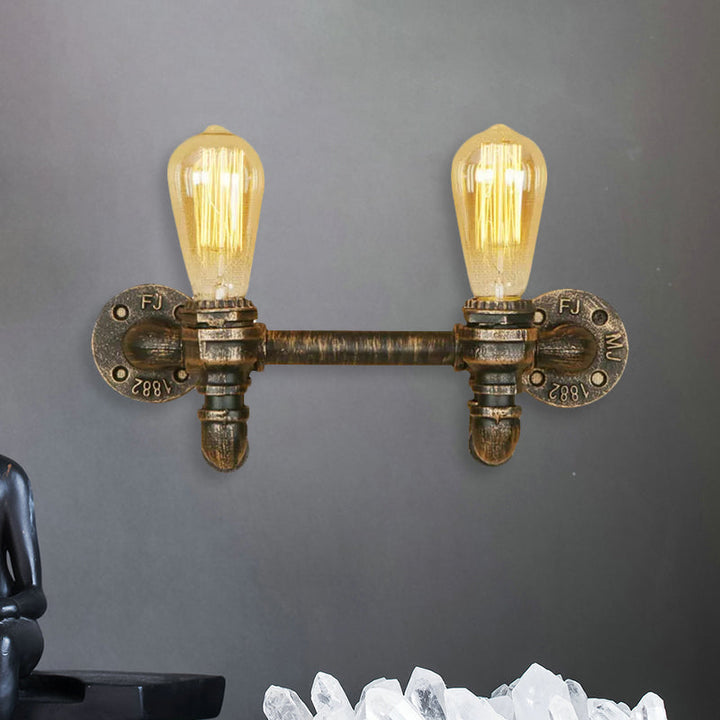 Lisslune | Aged Brass 2 Lights Wall Sconce Light Rustic Industrial Wrought Iron Exposed Wall Mount Light
