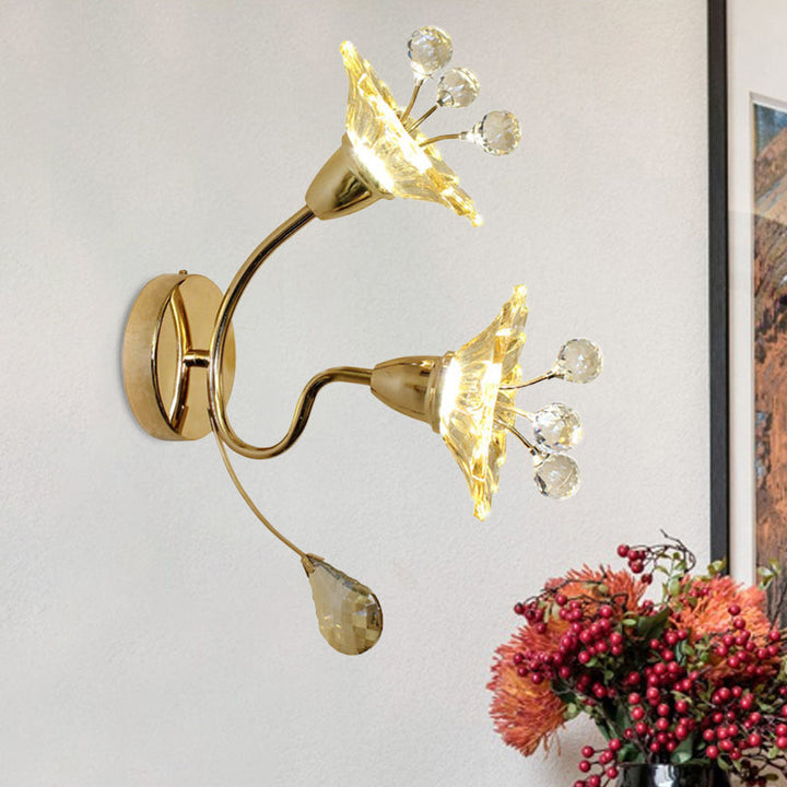 Skørter | Clear Crystal Glass Gold Wall Lamp Daisy Shade 2 Bulbs Traditional Wall Lamp for Nightstand