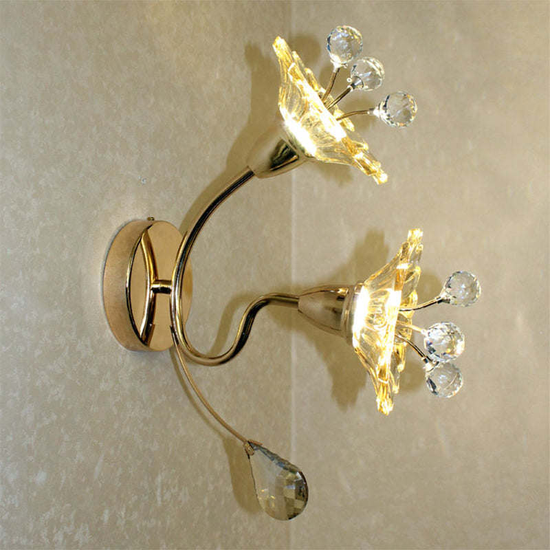 Skørter | Clear Crystal Glass Gold Wall Lamp Daisy Shade 2 Bulbs Traditional Wall Lamp for Nightstand