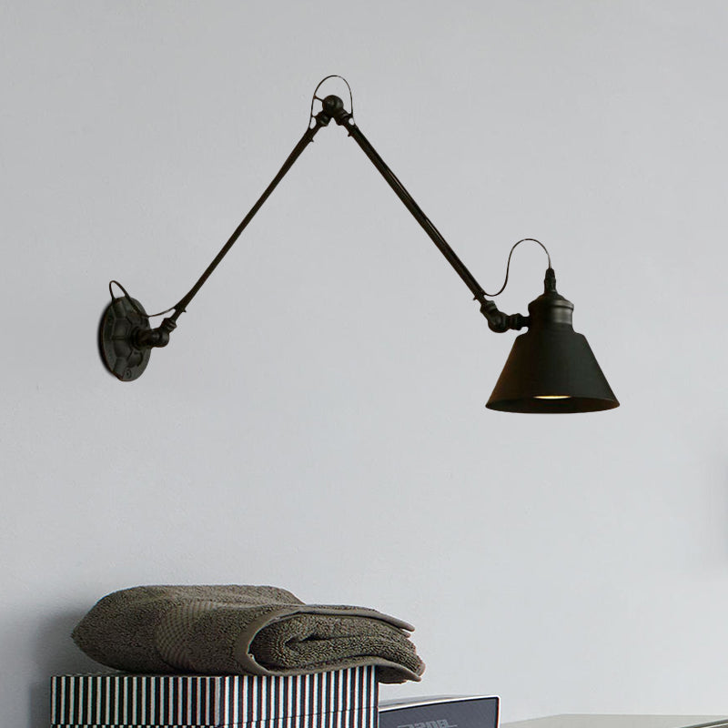 Lisslune | 1 Head Cone-Shaped Wall Mount Retro Style Black/Chrome Metal Swing Arm Wall Light for the Study