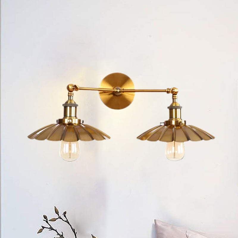 Lisslune | Antique Stylish Ribbed Edge Wall Lamp 2 Heads Metal Wall Mounted Light in Brass/Rust for Bedroom
