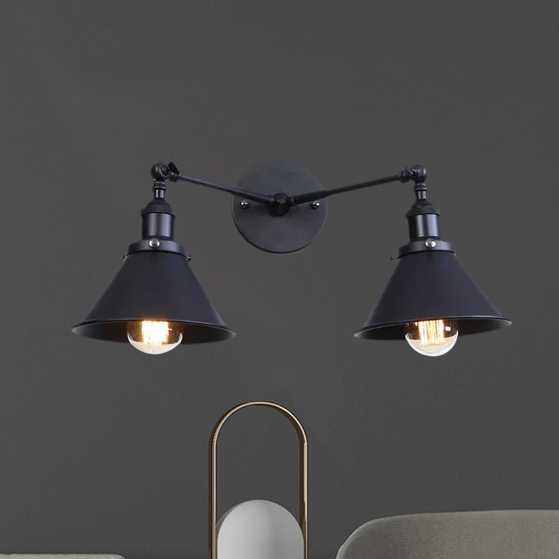 Lisslune | Tapered Umbrella Iron Wall Mount Light Industrial Vintage 2 Heads Farmhouse Wall Mount Light in Black/Brass