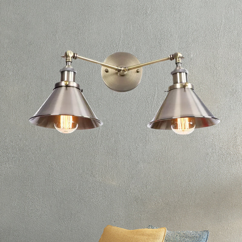 Lisslune | Tapered Umbrella Iron Wall Mount Light Industrial Vintage 2 Heads Farmhouse Wall Mount Light in Black/Brass