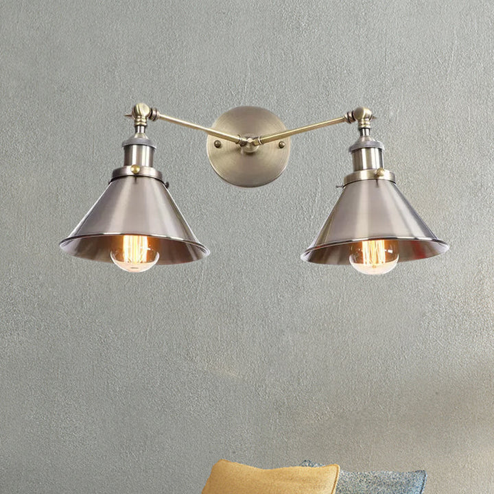 Lisslune | Tapered Umbrella Iron Wall Mount Light Industrial Vintage 2 Heads Farmhouse Wall Mount Light in Black/Brass
