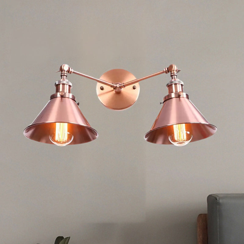 Lisslune | Tapered Umbrella Iron Wall Mount Light Industrial Vintage 2 Heads Farmhouse Wall Mount Light in Black/Brass