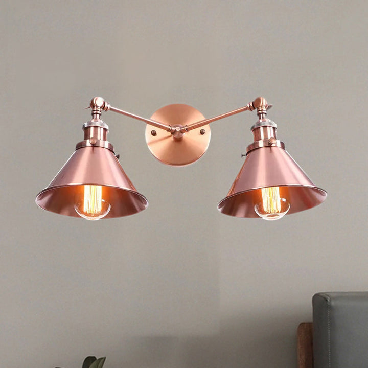 Lisslune | Tapered Umbrella Iron Wall Mount Light Industrial Vintage 2 Heads Farmhouse Wall Mount Light in Black/Brass