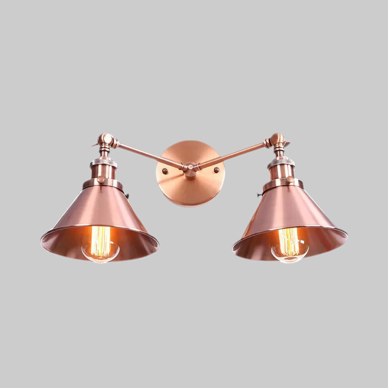 Lisslune | Tapered Umbrella Iron Wall Mount Light Industrial Vintage 2 Heads Farmhouse Wall Mount Light in Black/Brass