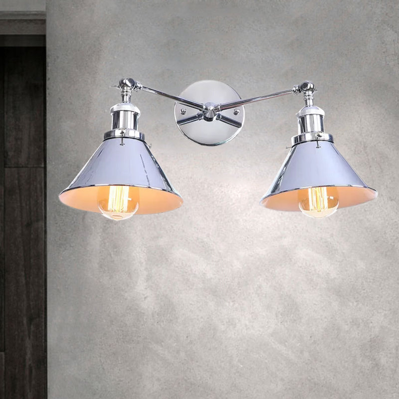 Lisslune | Tapered Umbrella Iron Wall Mount Light Industrial Vintage 2 Heads Farmhouse Wall Mount Light in Black/Brass