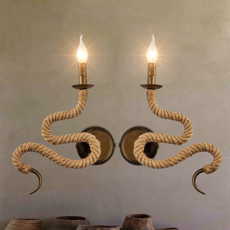 Lisslune | Candle Holder Ropestone Wall Lamp with Curved Design Vintage 1 Light Bedroom Wall Mounted Lamp in Bronze