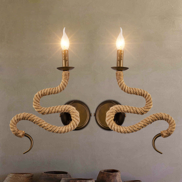 Lisslune | Candle Holder Ropestone Wall Lamp with Curved Design Vintage 1 Light Bedroom Wall Mounted Lamp in Bronze