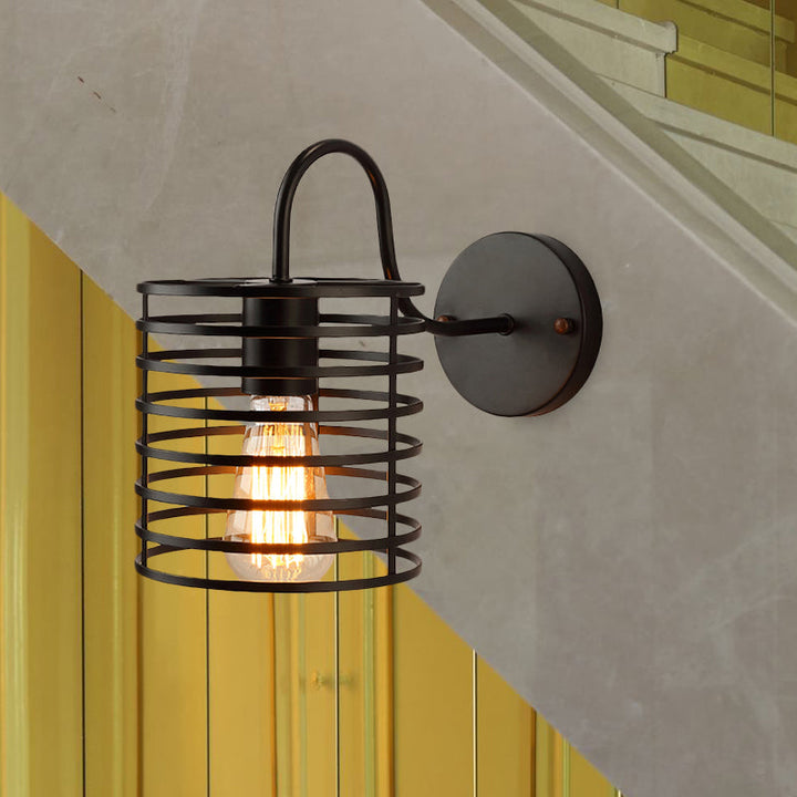 Skørter | Metal Cylinder Incased Wall Lamp with Gooseneck Arm Retro 1 Head Corridor Wall Sconce Light in Black, 8.5"/9.5" Width