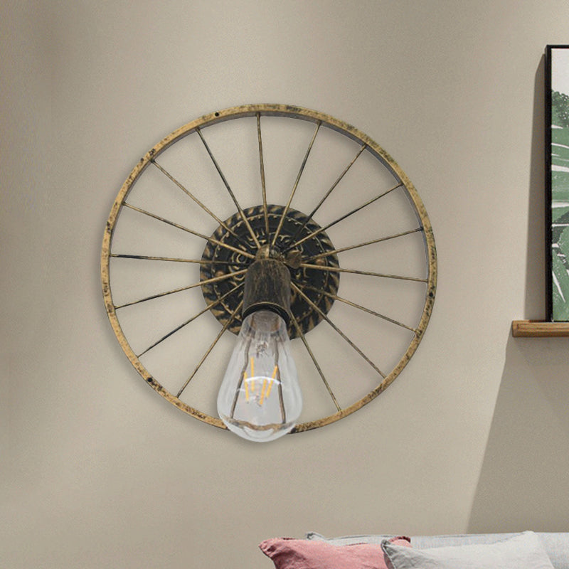 Lisslune | Black/Bronze Wheel Design Wall Sconce Lamp with Open Bulb Farmhouse Style Metal 1 Light Restaurant Sconce Light