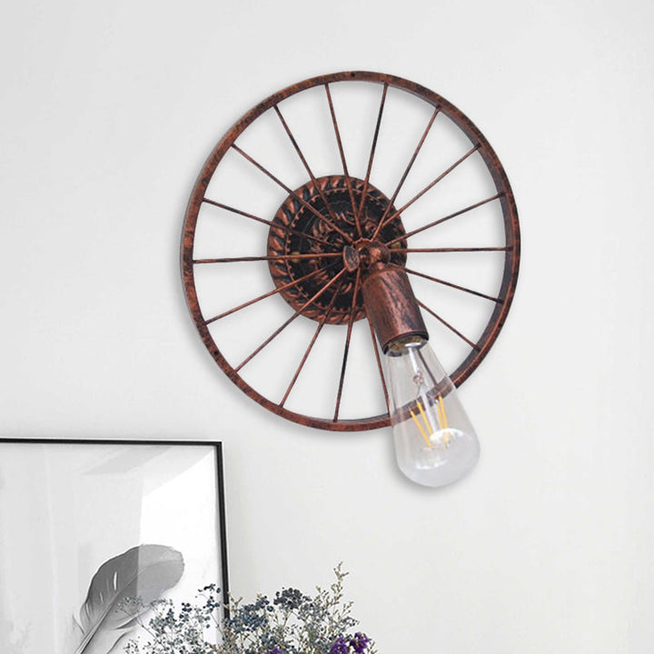 Lisslune | Black/Bronze Wheel Design Wall Sconce Lamp with Open Bulb Farmhouse Style Metal 1 Light Restaurant Sconce Light