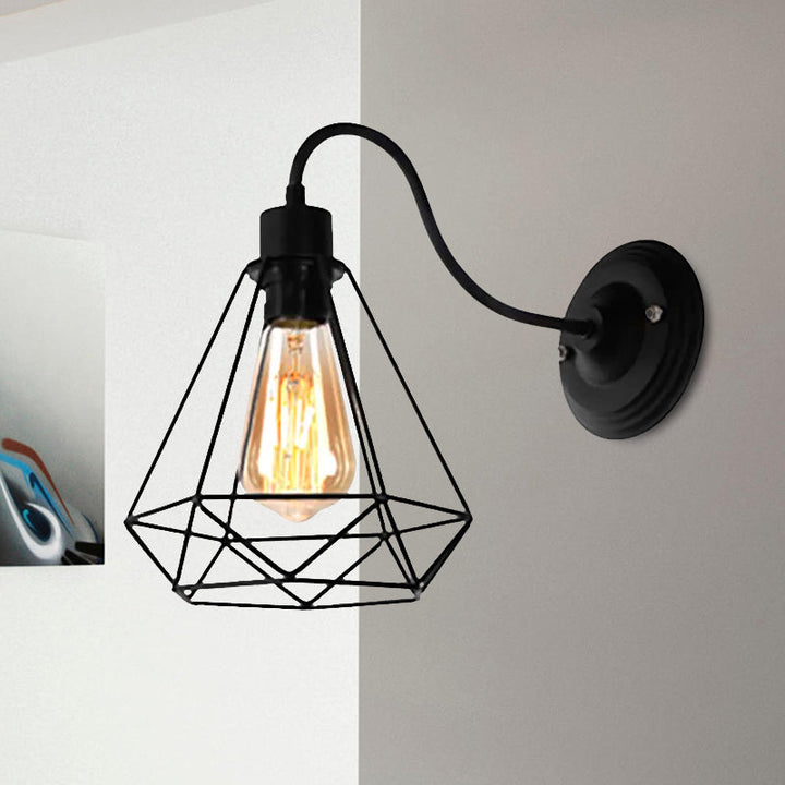 Lisslune | Black 1 Light Wall Lamp Retro Style Metal Diamond/Star Wall Light with Cage Shade for Café