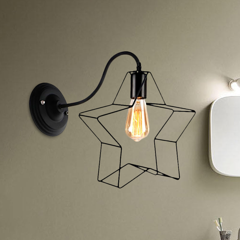 Lisslune | Black 1 Light Wall Lamp Retro Style Metal Diamond/Star Wall Light with Cage Shade for Café