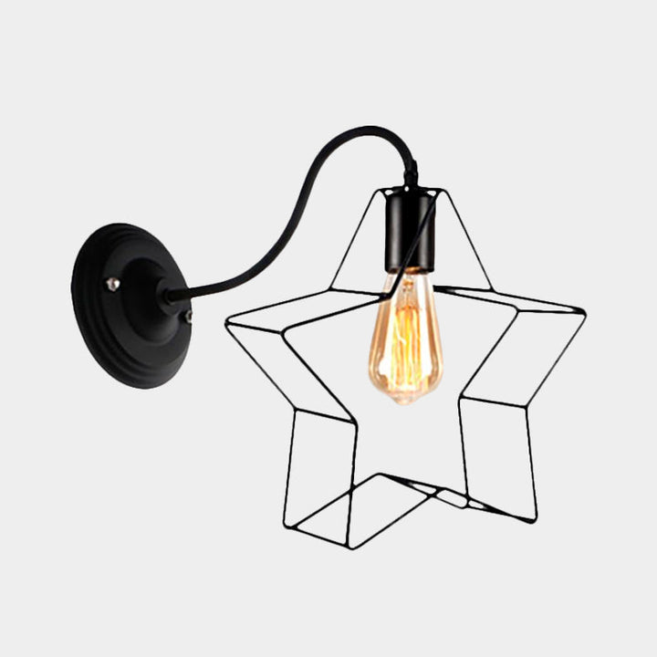 Lisslune | Black 1 Light Wall Lamp Retro Style Metal Diamond/Star Wall Light with Cage Shade for Café
