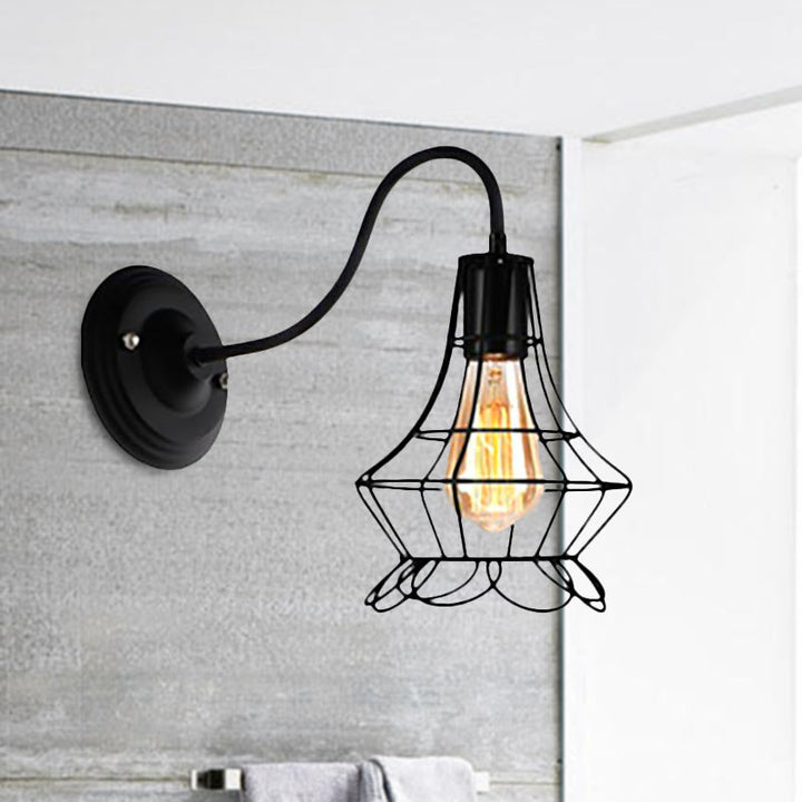 Lisslune | Black 1 Light Wall Lamp Retro Style Metal Diamond/Star Wall Light with Cage Shade for Café