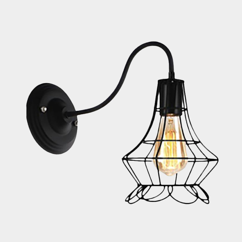 Lisslune | Black 1 Light Wall Lamp Retro Style Metal Diamond/Star Wall Light with Cage Shade for Café