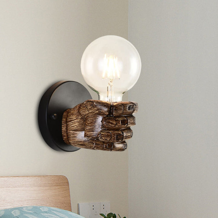 Lisslune | Brown Hand Wall Lamp Single Light Retro Wood Wall Lamp with Globe Bulb for Hallway