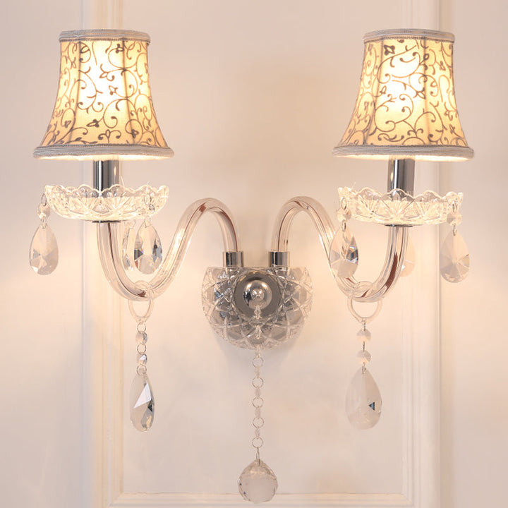 Skørter | 2 Head Wall Light with Bell Shade Floral Pattern Fabric Traditional Bedroom Wall Light with Crystal Drops