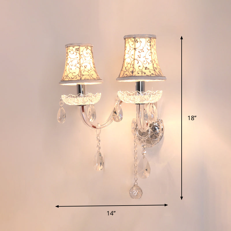 Skørter | 2 Head Wall Light with Bell Shade Floral Pattern Fabric Traditional Bedroom Wall Light with Crystal Drops