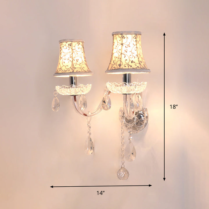 Skørter | 2 Head Wall Light with Bell Shade Floral Pattern Fabric Traditional Bedroom Wall Light with Crystal Drops
