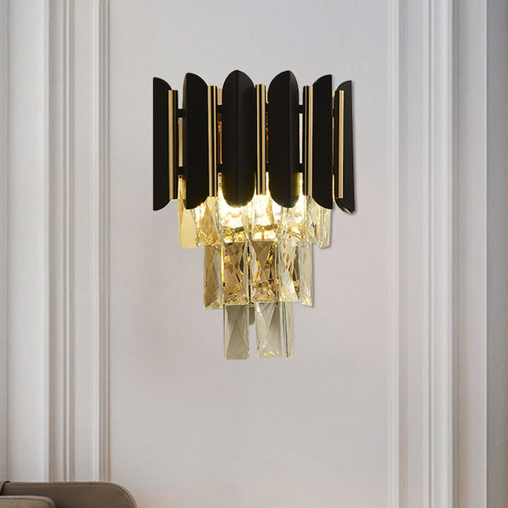 Lisslune | Black Finish 2 Heads Wall Light Fixture Modern Clear Faceted Crystals Conical Flush Wall Sconce