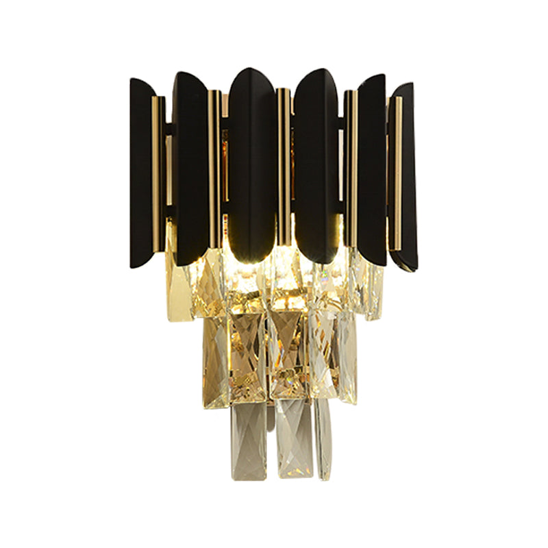 Lisslune | Black Finish 2 Heads Wall Light Fixture Modern Clear Faceted Crystals Conical Flush Wall Sconce