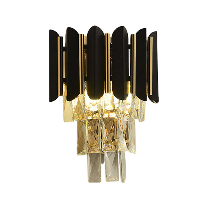 Lisslune | Black Finish 2 Heads Wall Light Fixture Modern Clear Faceted Crystals Conical Flush Wall Sconce
