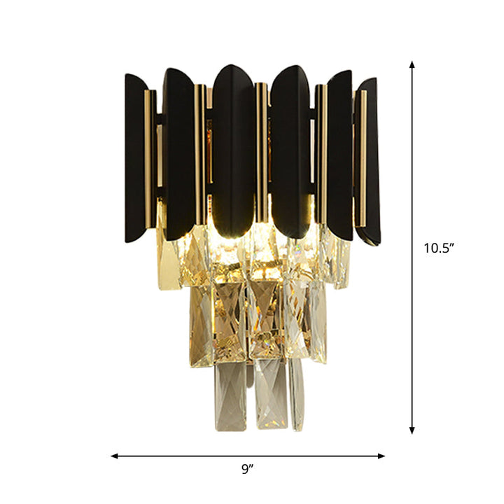 Lisslune | Black Finish 2 Heads Wall Light Fixture Modern Clear Faceted Crystals Conical Flush Wall Sconce