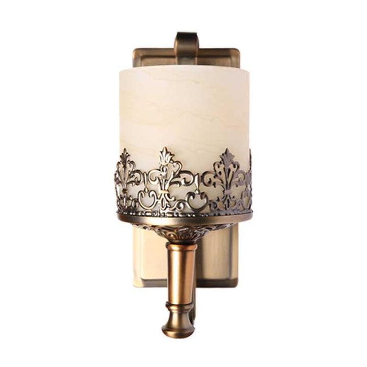 Skørter | Antique Cylinder Wall Lamp Single Tube White Glass Etching Wall Lighting Fixture in Gold