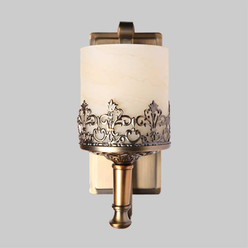 Skørter | Antique Cylinder Wall Lamp Single Tube White Glass Etching Wall Lighting Fixture in Gold