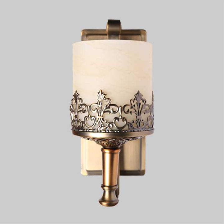 Skørter | Antique Cylinder Wall Lamp Single Tube White Glass Etching Wall Lighting Fixture in Gold
