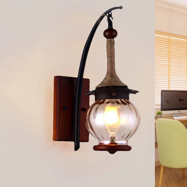 Lisslune | Amber Scratched Glass Lantern Wall Light Rustic Single Light Wall Mounting for Indoor