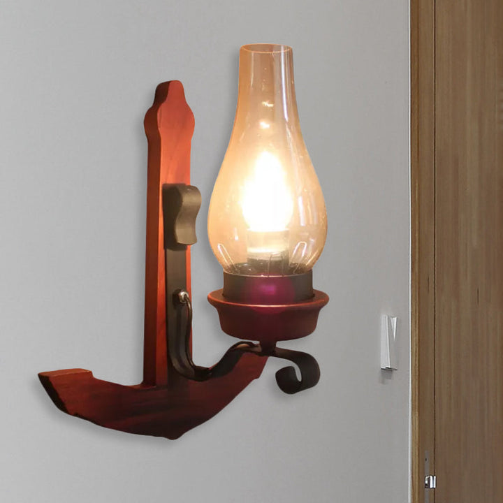 Lisslune | Vase Porch Wall Lamp Light Fixture Industrial Clear Glass Red Colored Wall Lamp with Wooden Back Plate