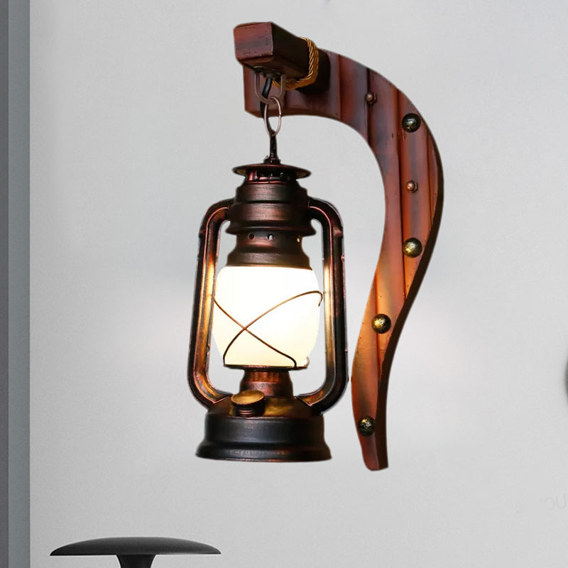 Skørter | Antique Copper One Light Wall Lamp Light Rustic Opal Glass Kerosene Lighting Fixture with Wooden Backplate