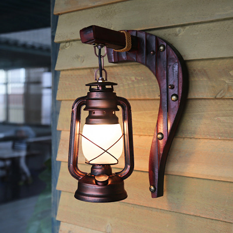 Skørter | Antique Copper One Light Wall Lamp Light Rustic Opal Glass Kerosene Lighting Fixture with Wooden Backplate