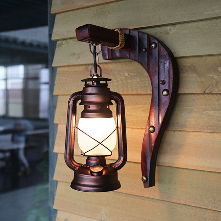 Skørter | Antique Copper One Light Wall Lamp Light Rustic Opal Glass Kerosene Lighting Fixture with Wooden Backplate