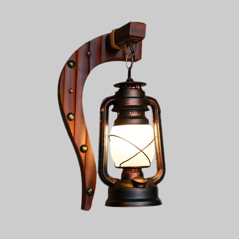 Skørter | Antique Copper One Light Wall Lamp Light Rustic Opal Glass Kerosene Lighting Fixture with Wooden Backplate