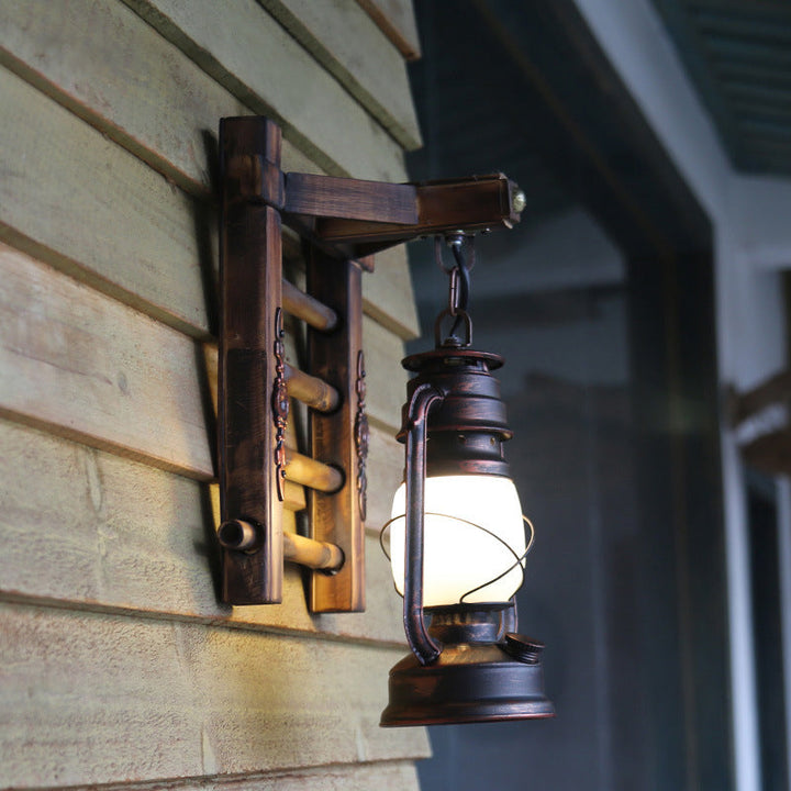 Lisslune | Antique Copper Cylinder Wall Lighting Vintage Clear Glass 1 Light Porch Sconces Light with Cage and Wooden Backplate