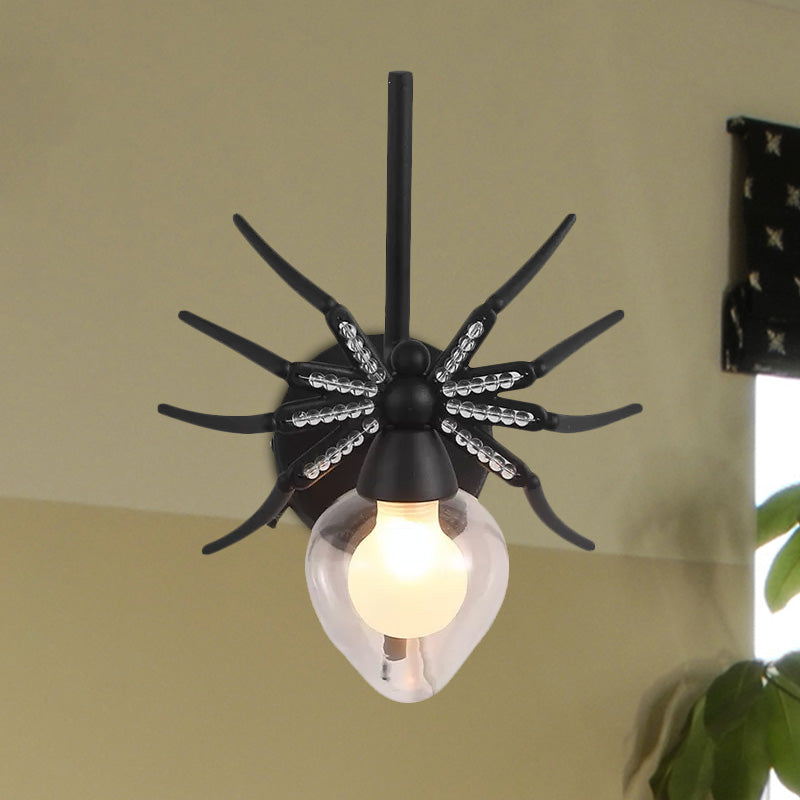 Skørter | Black Spider Wall Lamp Rustic Lodge Metal Mini Wall Light with Clear Glass Shade