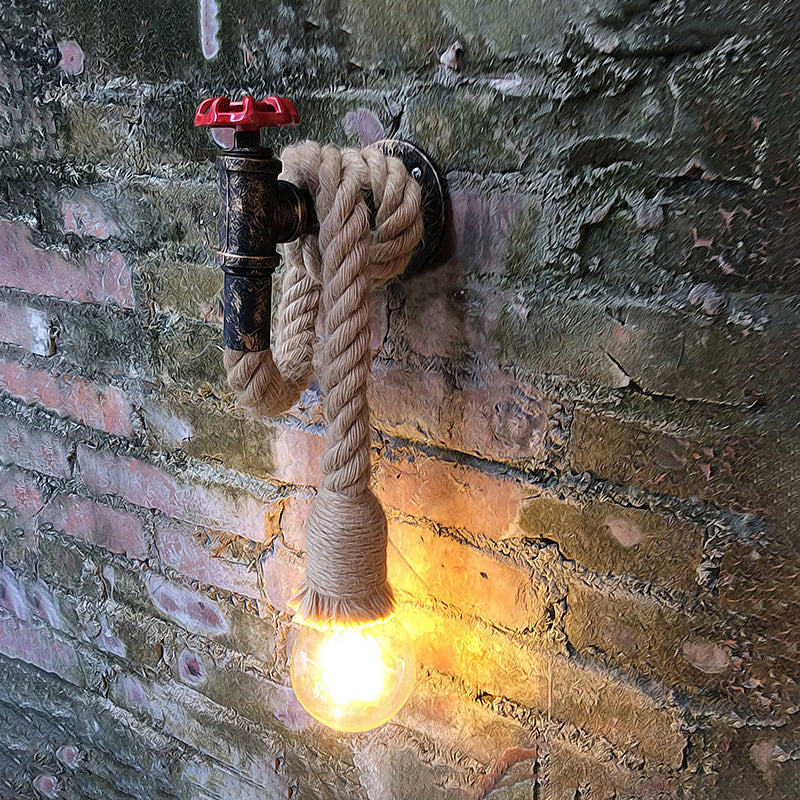 Lisslune | Water Pipe Metal Wall Light Lodge Style 1 Bulb Wall Lamp with Hanging Rope in Beige