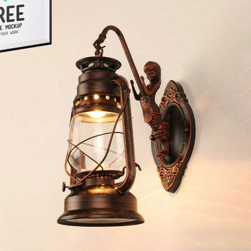 Lisslune | One Bulb Wall Lamp with Lantern Shade Clear Glass Coast Bedroom Wall Lamp in Black/Antique Brass/Aged Copper with Mermaid