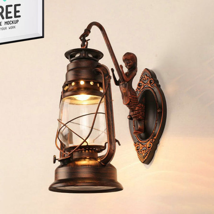 Lisslune | One Bulb Wall Lamp with Lantern Shade Clear Glass Coast Bedroom Wall Lamp in Black/Antique Brass/Aged Copper with Mermaid