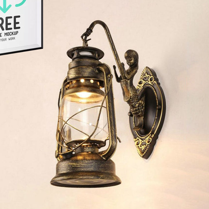 Lisslune | One Bulb Wall Lamp with Lantern Shade Clear Glass Coast Bedroom Wall Lamp in Black/Antique Brass/Aged Copper with Mermaid